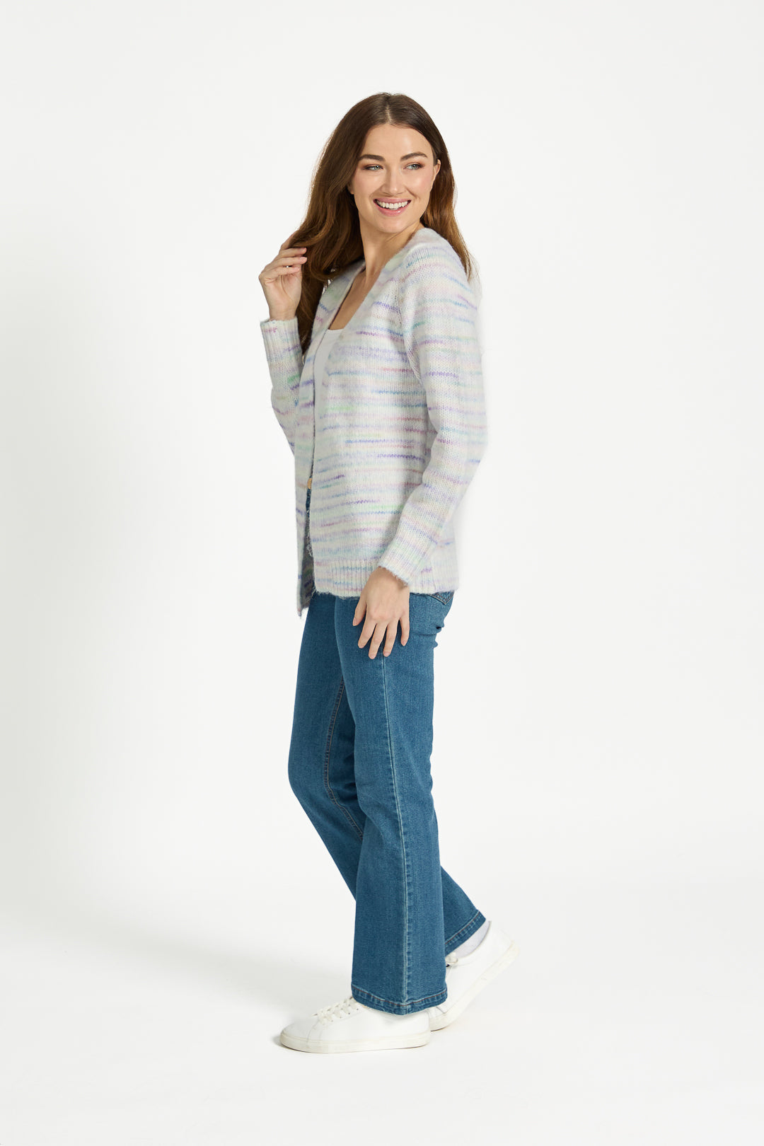 Space Dye Stripe Open-Front Knit Cardigan
