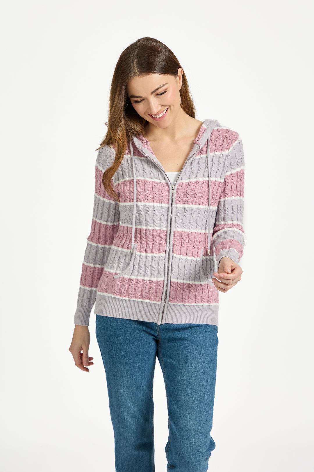 Stripe Cable-Knit Zip-Up Hooded Cardigan