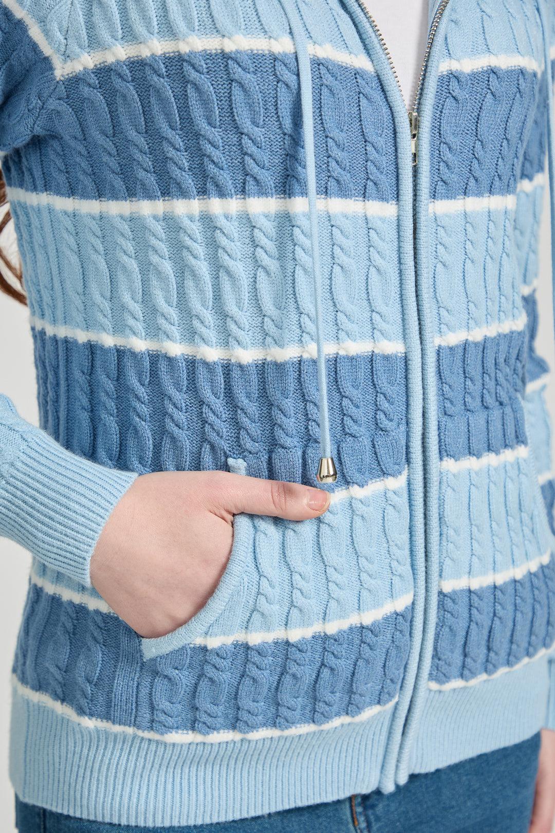 Stripe Cable-Knit Zip-Up Hooded Cardigan