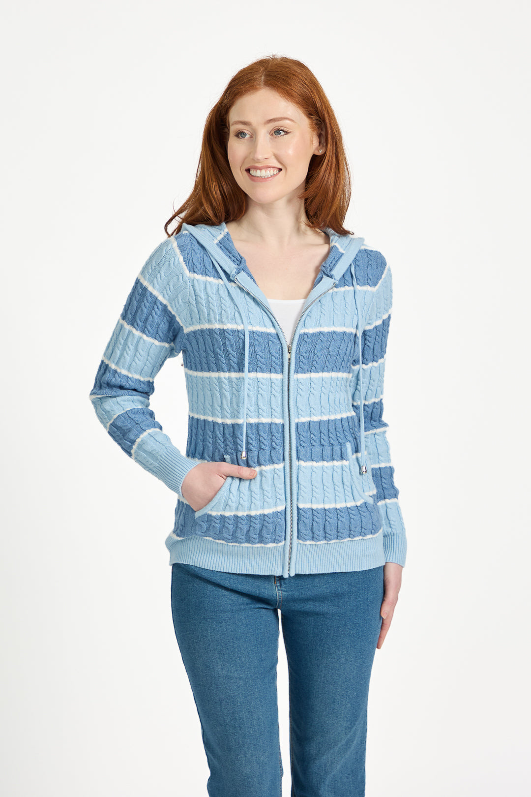 Stripe Cable-Knit Zip-Up Hooded Cardigan