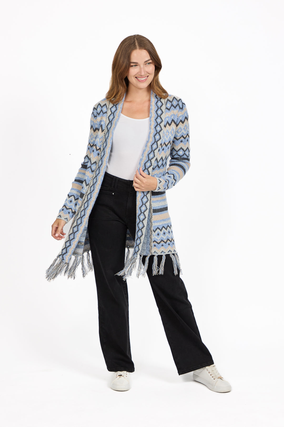 Aztec Print Bordered Fringed Longline Cardigan