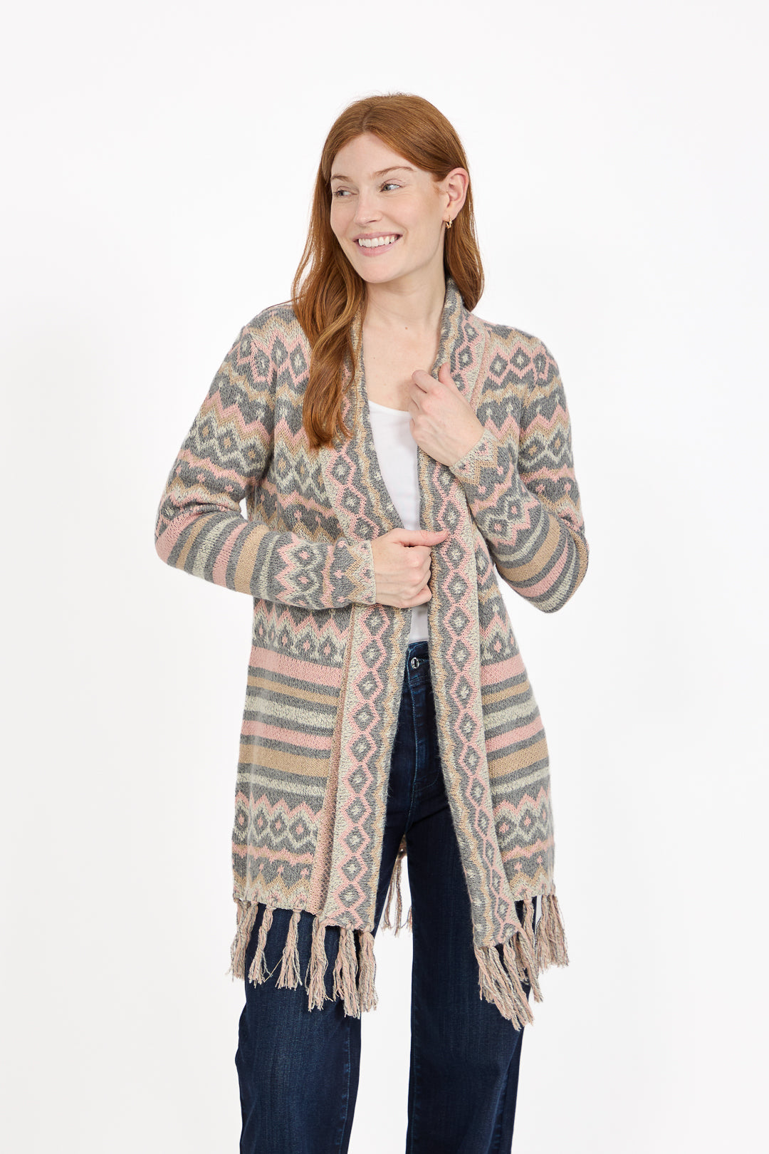 Aztec Print Bordered Fringed Longline Cardigan
