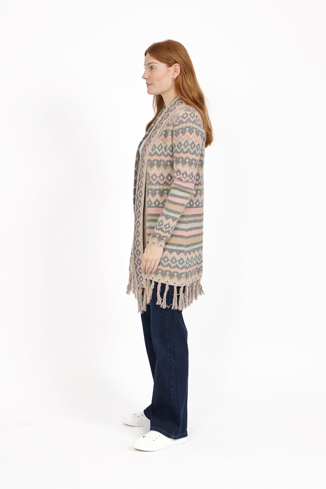 Aztec Print Bordered Fringed Longline Cardigan