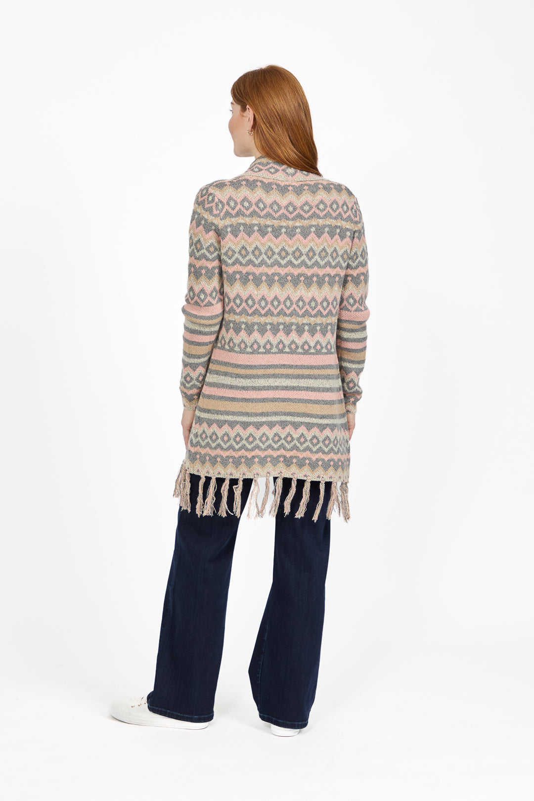Aztec Print Bordered Fringed Longline Cardigan