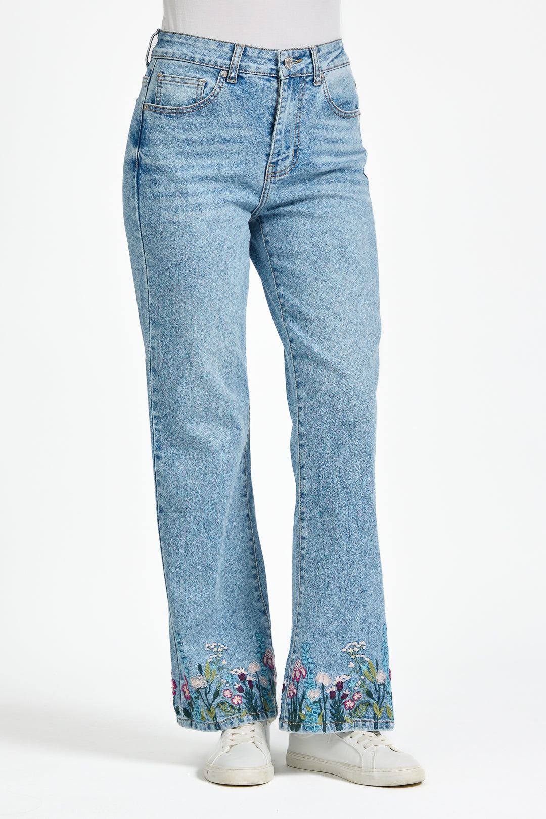 Floral Embroidered Wide Leg Denim Jeans