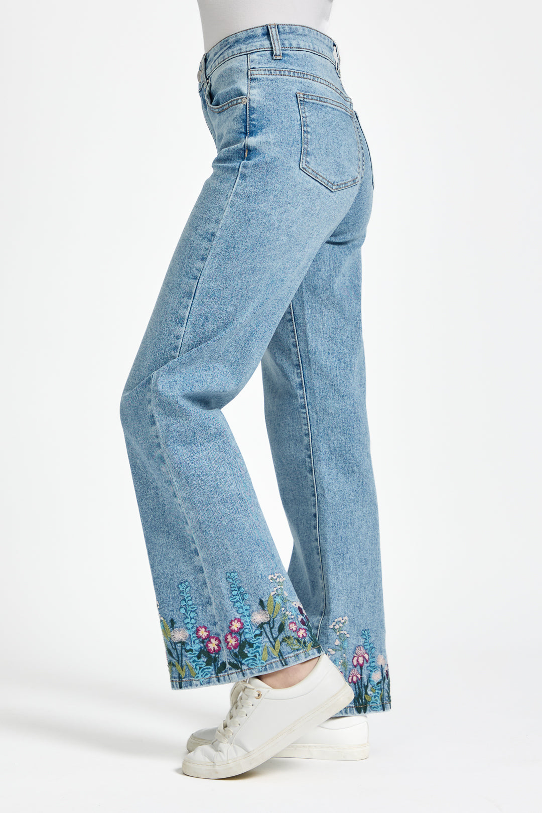 Floral Embroidered Wide Leg Denim Jeans