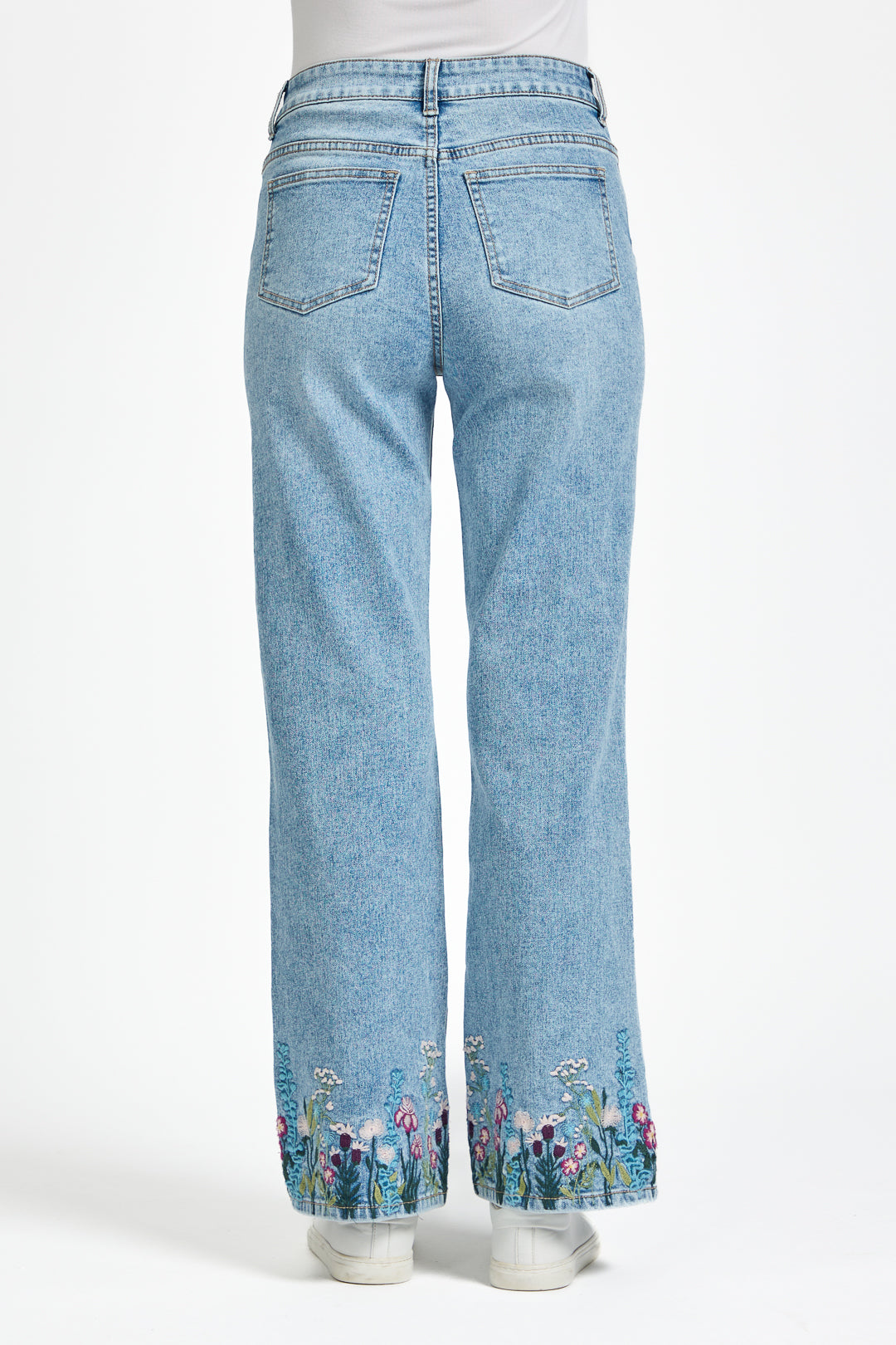 Floral Embroidered Wide Leg Denim Jeans