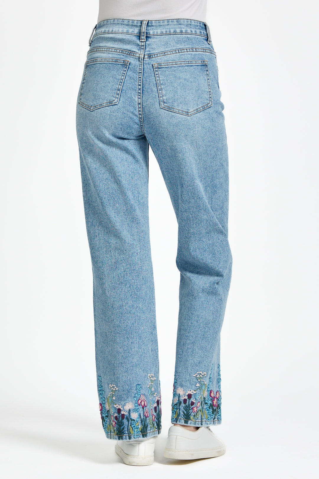 Floral Embroidered Wide Leg Denim Jeans