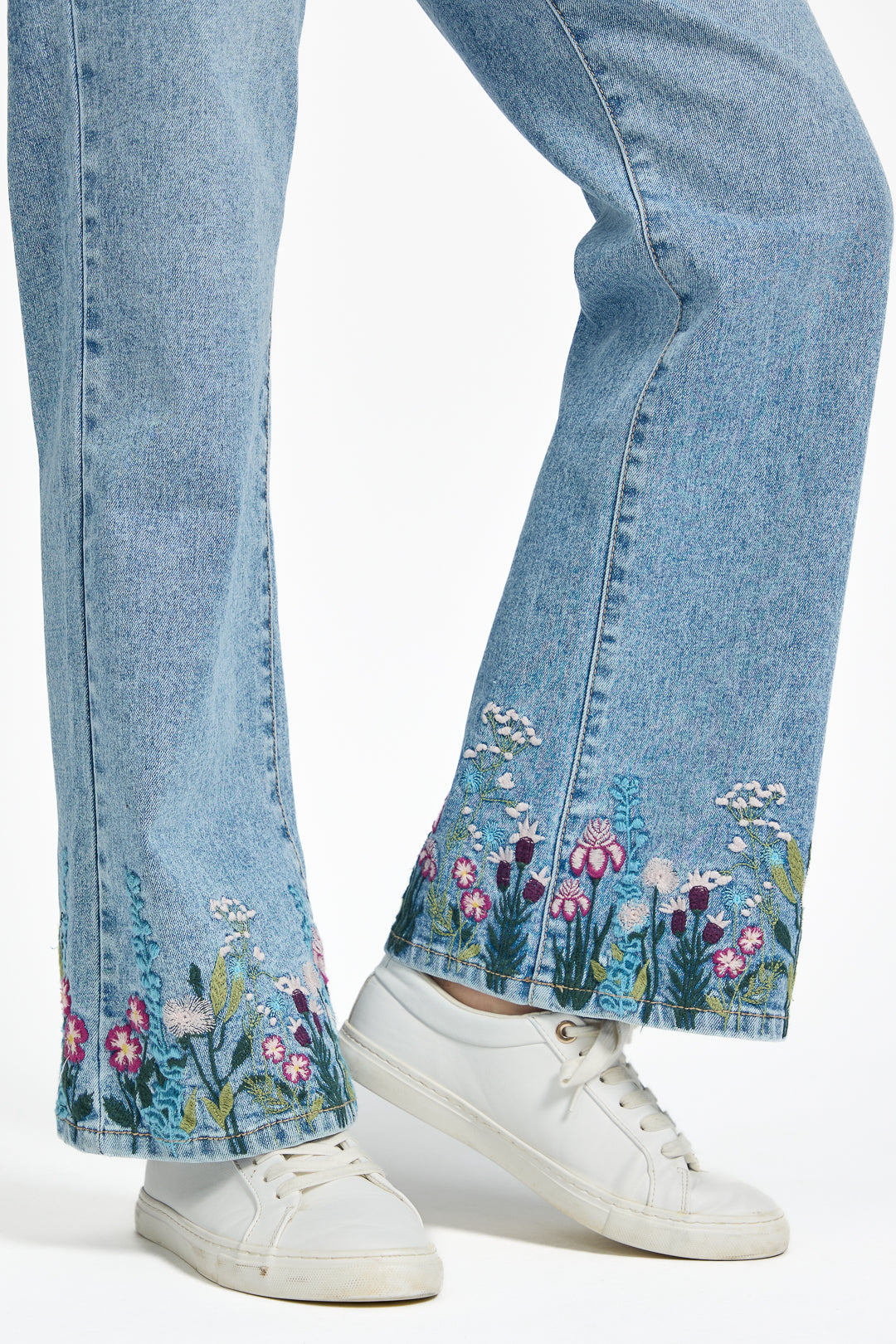 Floral Embroidered Wide Leg Denim Jeans