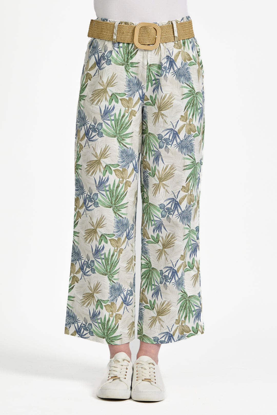 Palm Print Linen Blend Wide Leg Trousers with Belt