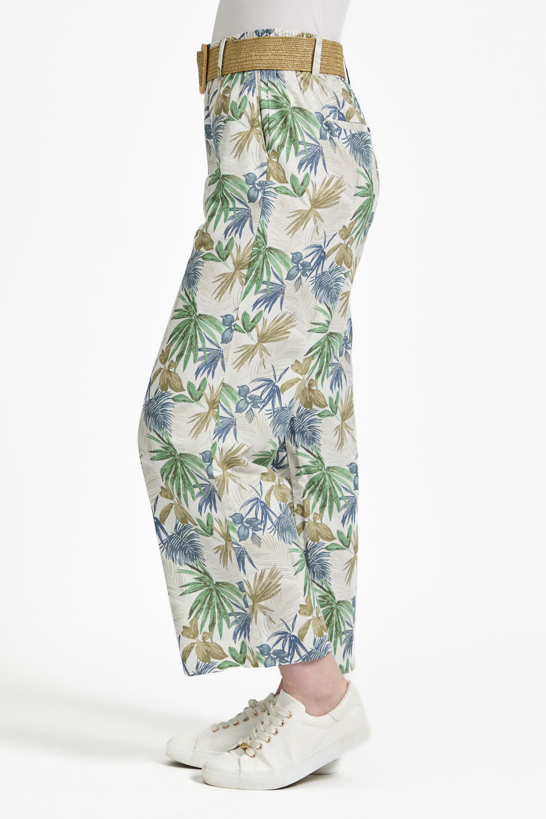 Palm Print Linen Blend Wide Leg Trousers with Belt