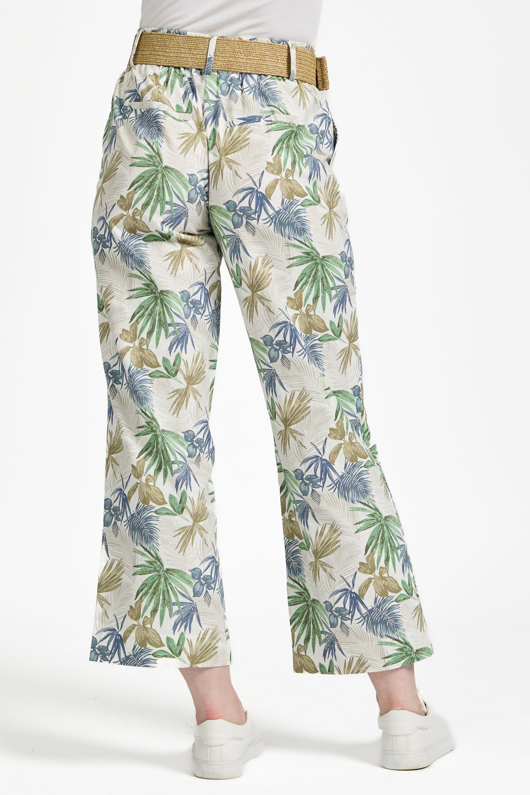Palm Print Linen Blend Wide Leg Trousers with Belt