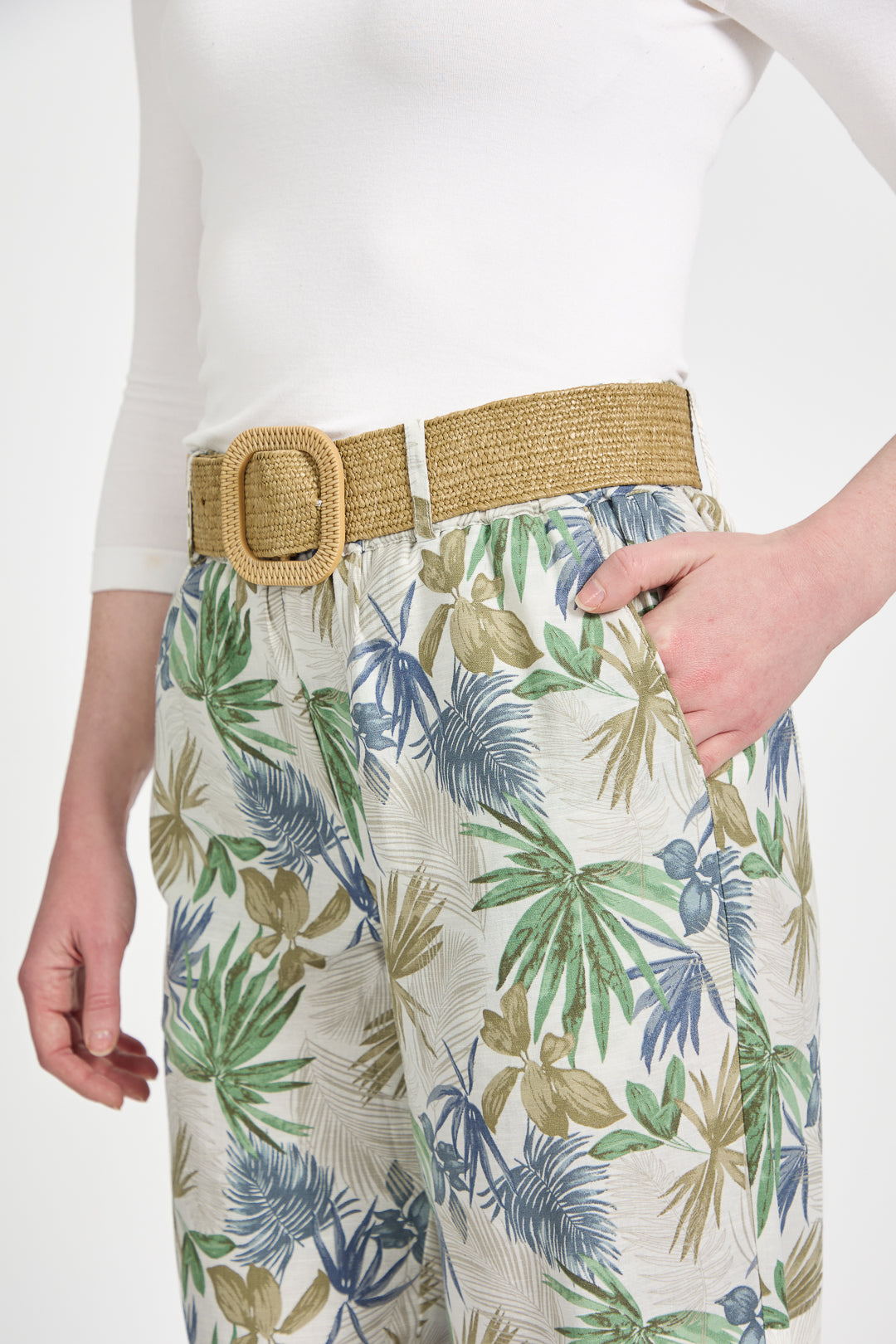Palm Print Linen Blend Wide Leg Trousers with Belt