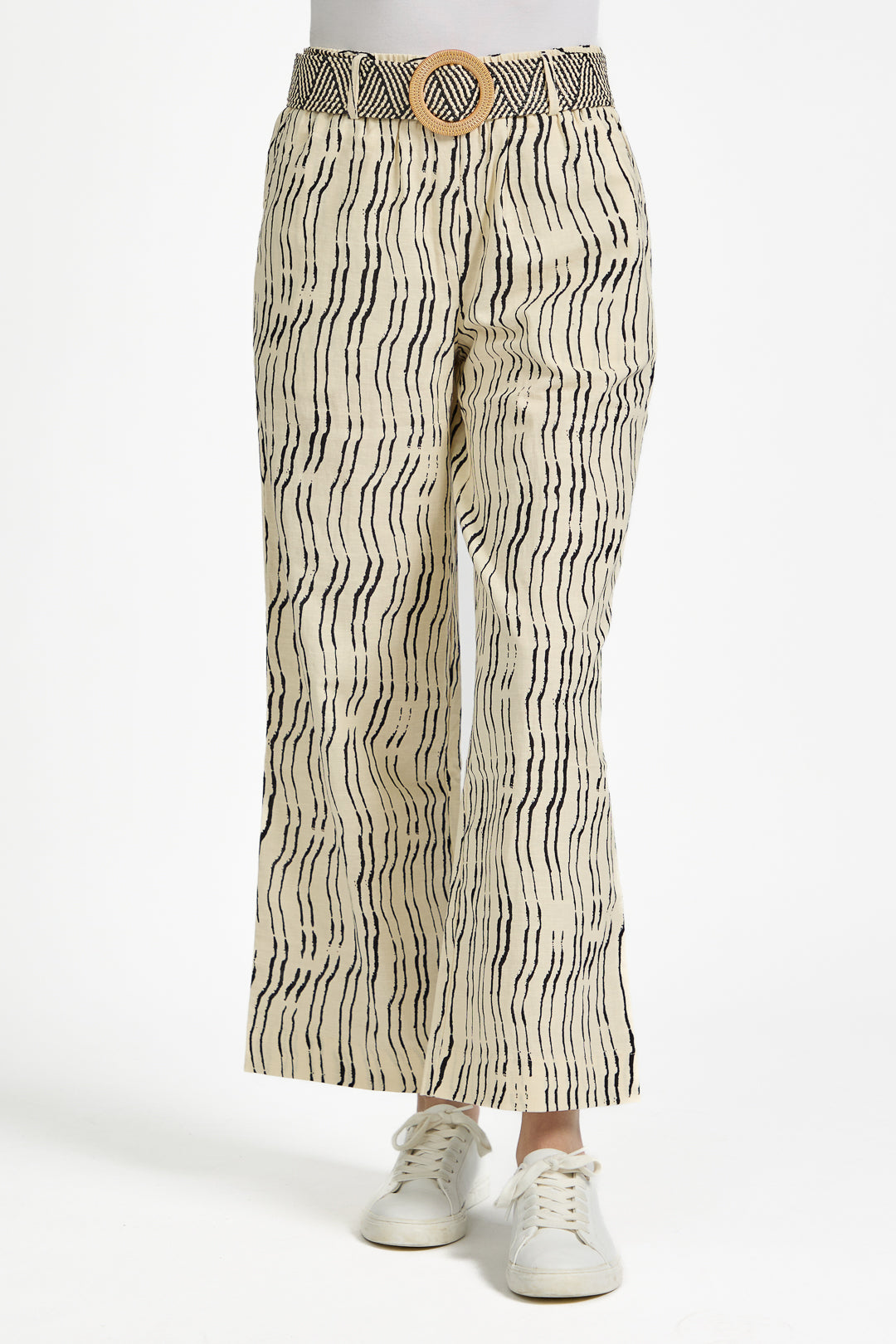 Stroke Print Wide Leg Trousers with Belt