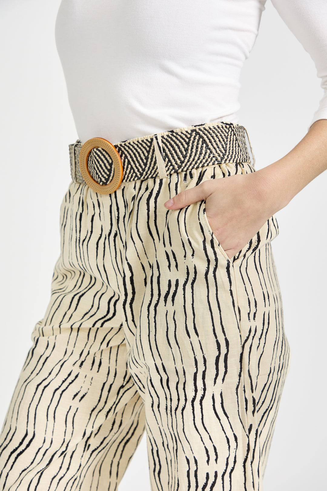 Stroke Print Wide Leg Trousers with Belt