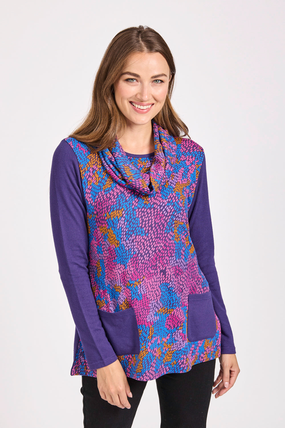 Abstract Print Cowl Neck Top