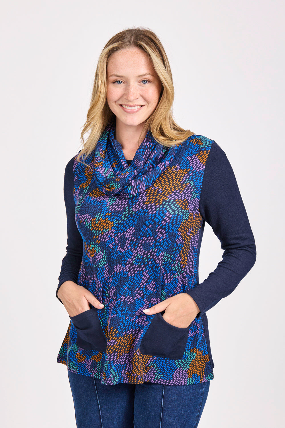 Abstract Print Cowl Neck Top