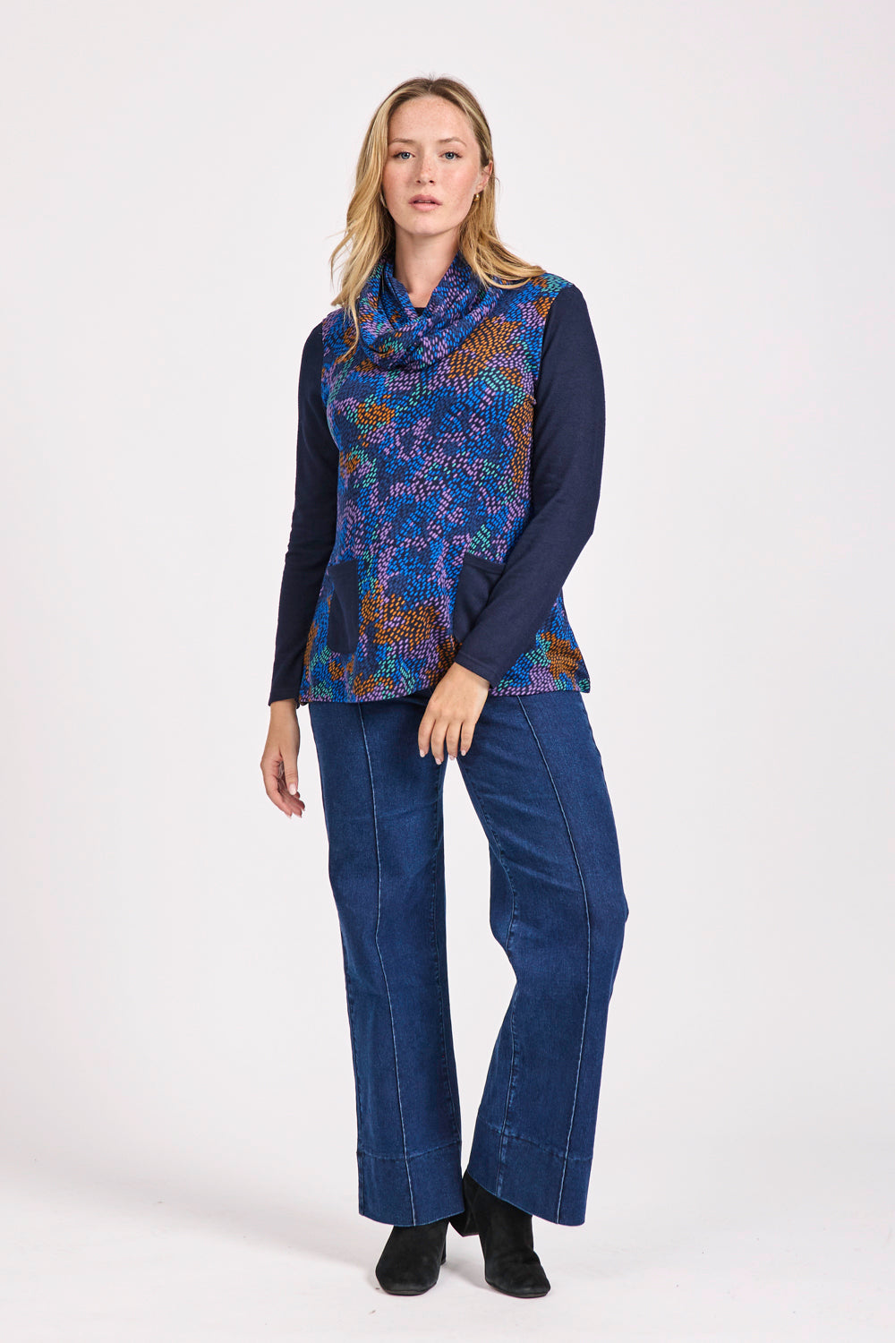 Abstract Print Cowl Neck Top