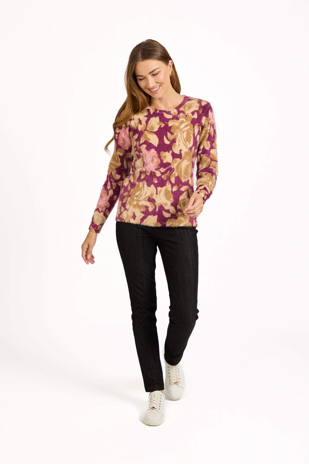 Rose Print Fluffy Yarn Jumper