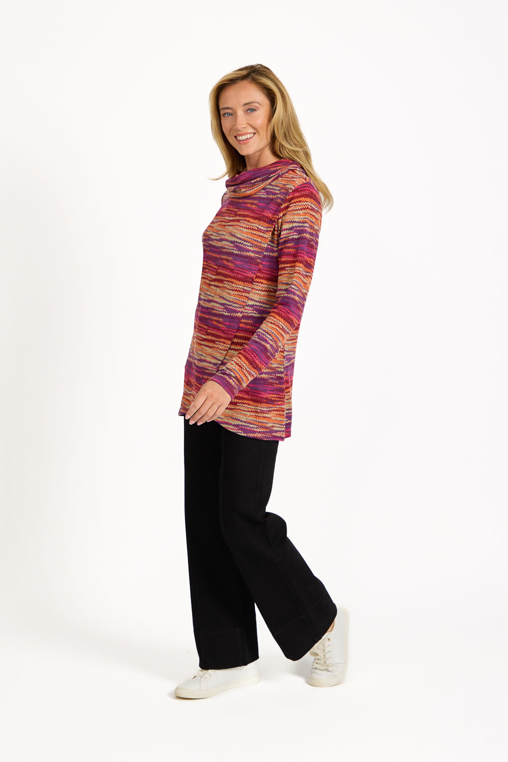 Staggered Print Cowl Neck Top