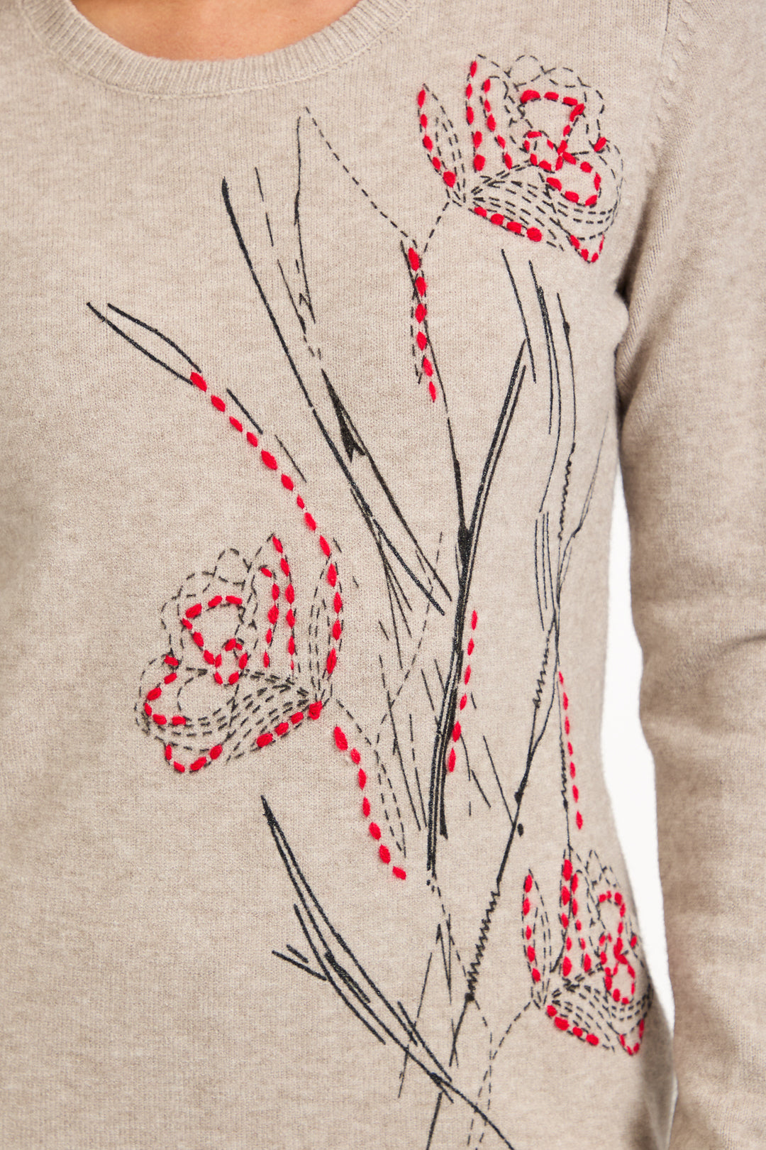 Floral Outline Stitch Detailed Jumper