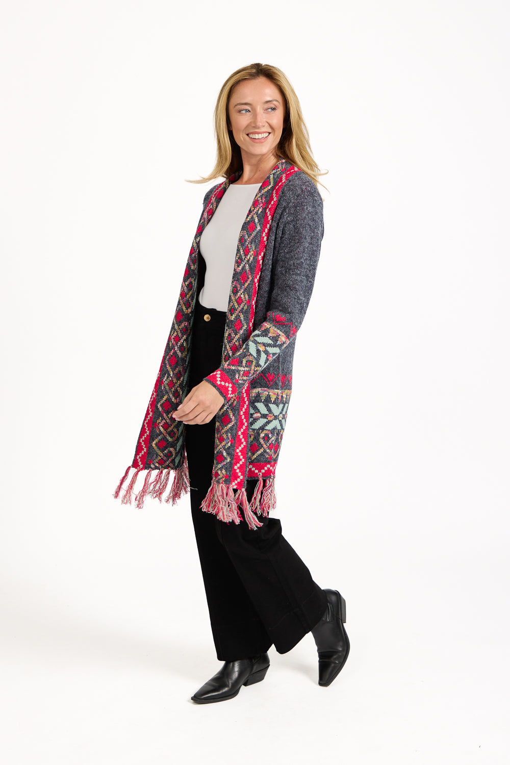 Aztec Bordered Fringed Longline Cardigan