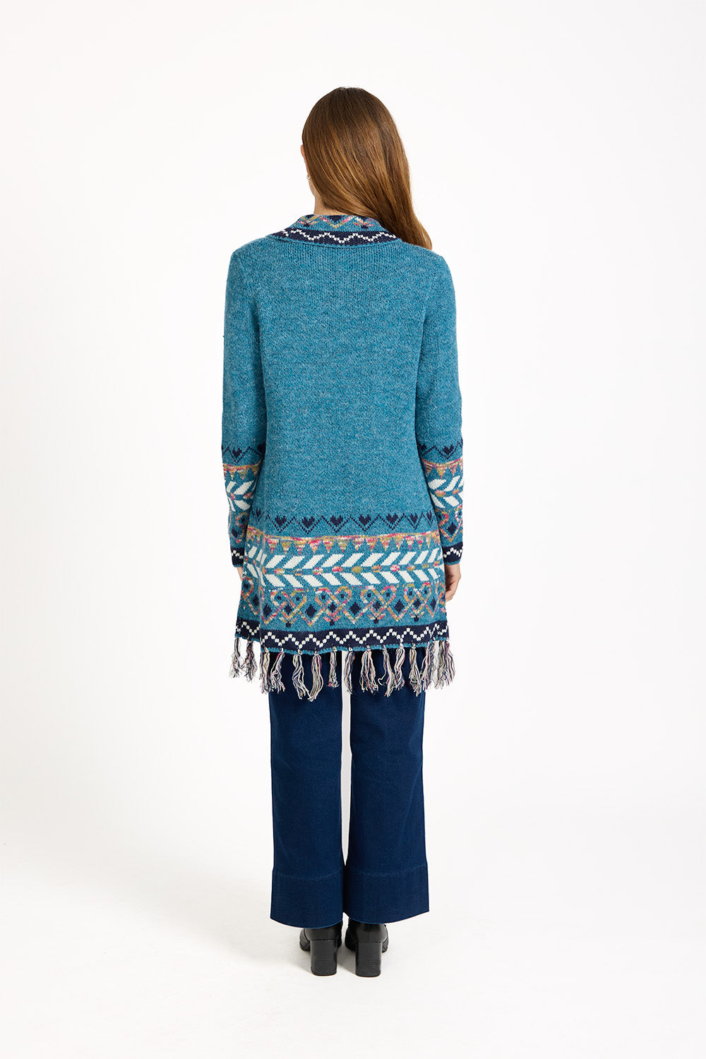 Aztec Bordered Fringed Longline Cardigan