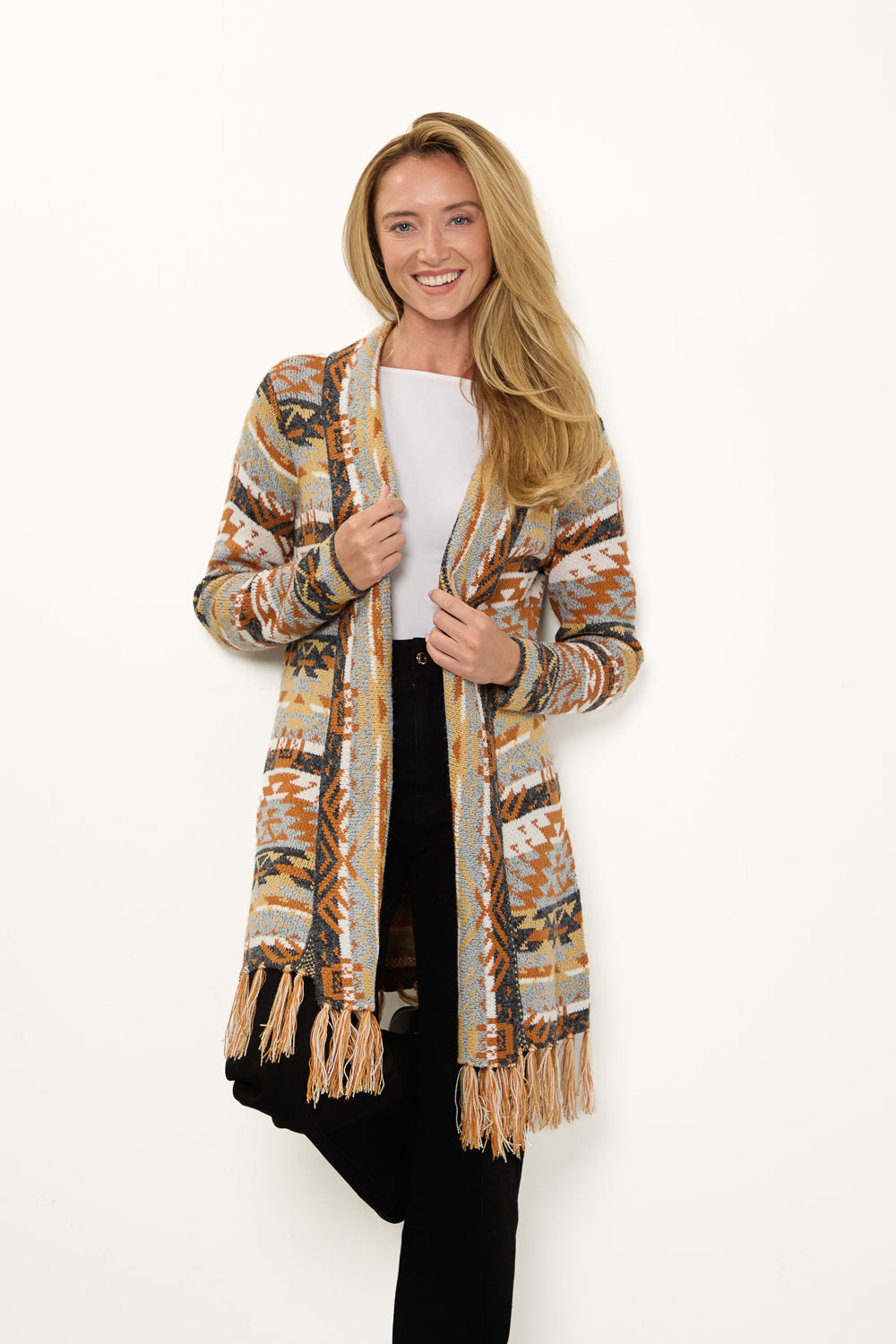 Fringed Aztec Longline Cardigan