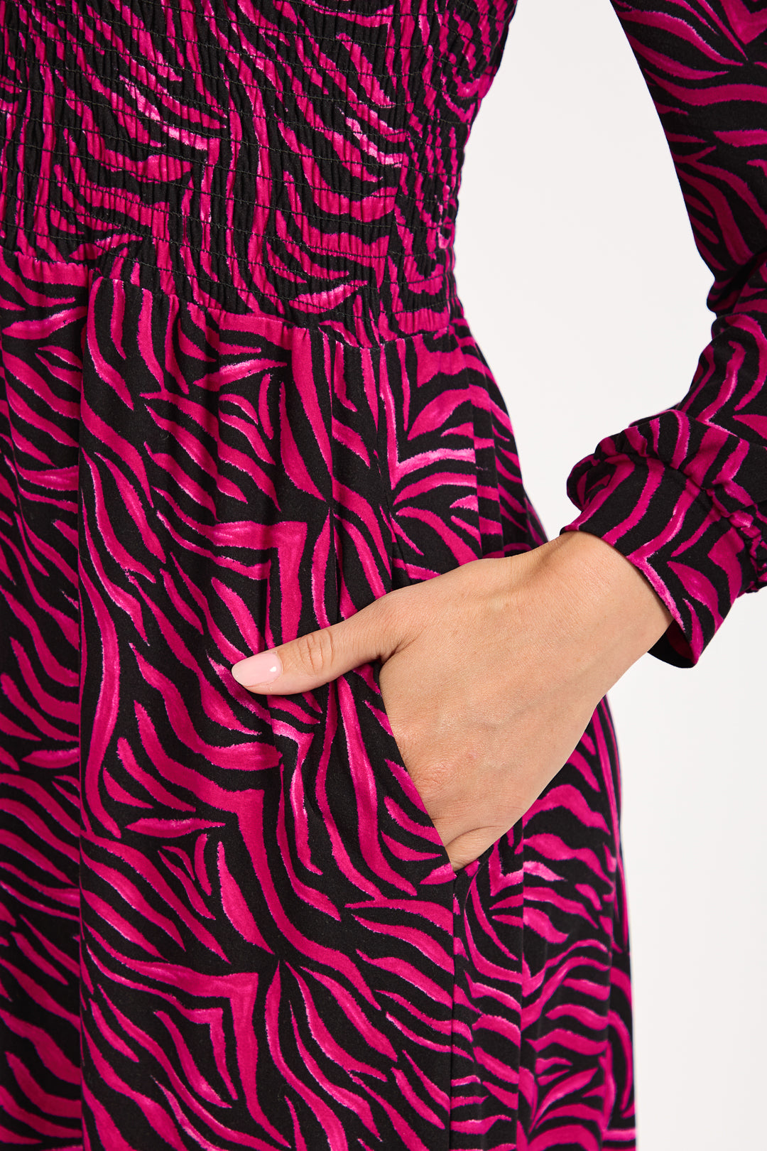 Zebra Print Soft Touch Shirred Bodice Button-Up Midi Dress