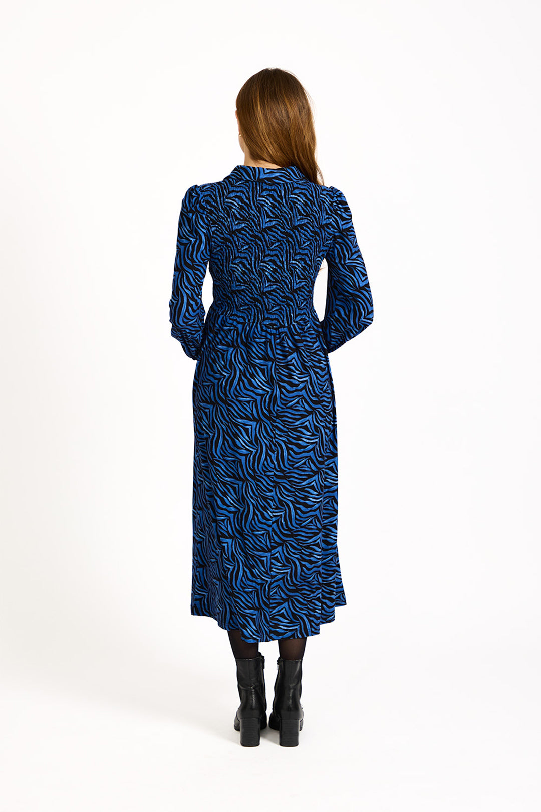 Zebra Print Soft Touch Shirred Bodice Button-Up Midi Dress