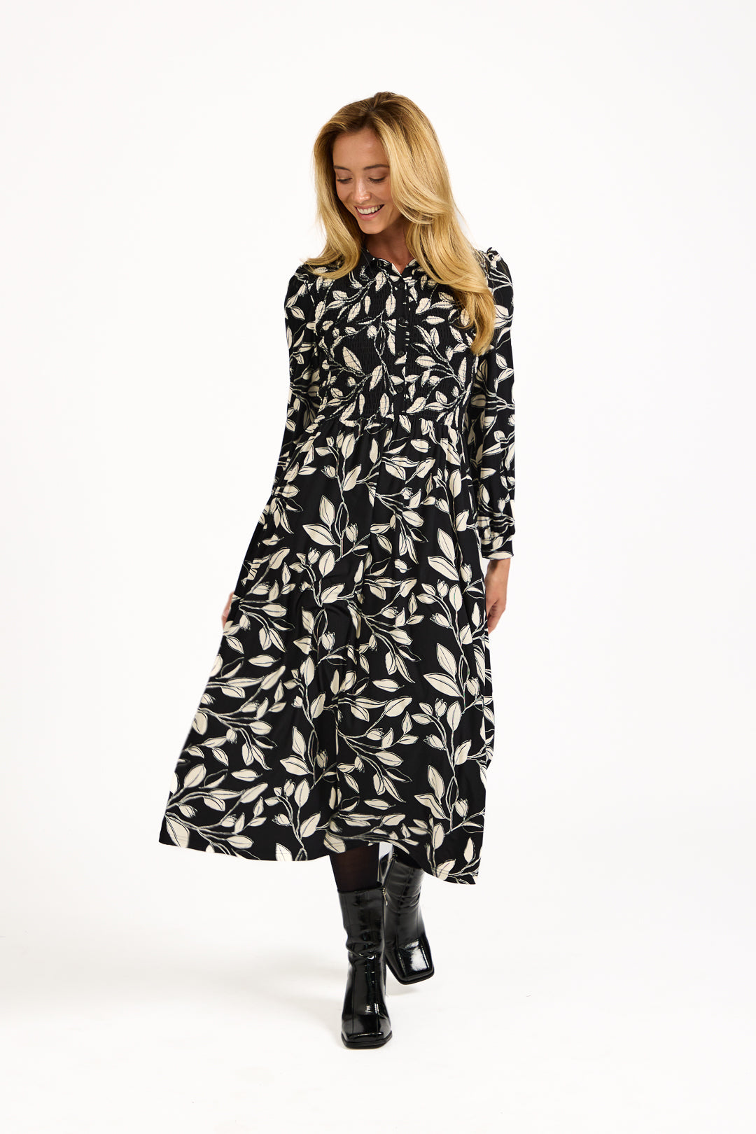 Leaf Print Soft Touch Shirred Bodice Button-Up Midi Dress