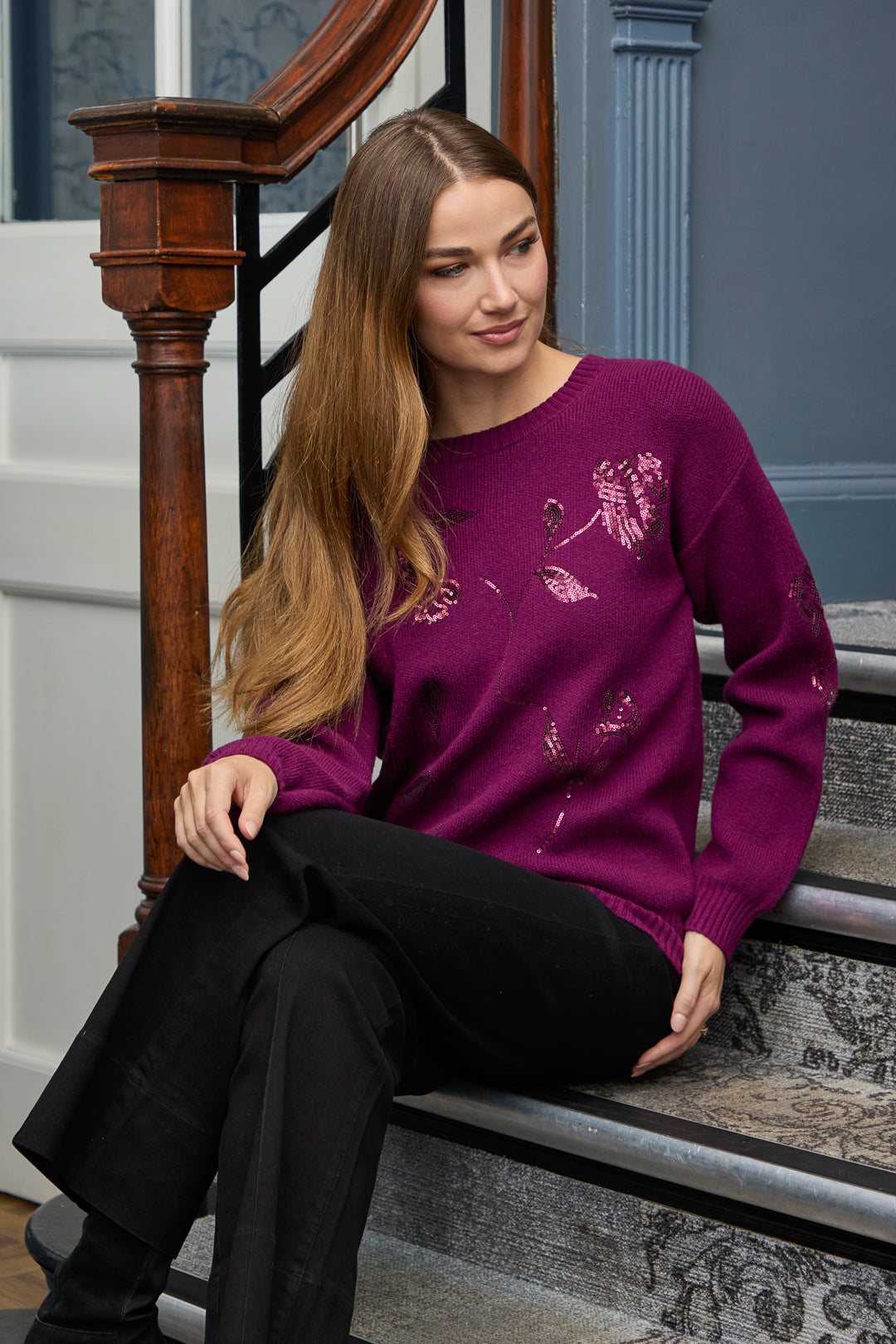 Flower Sequin Embellished Jumper