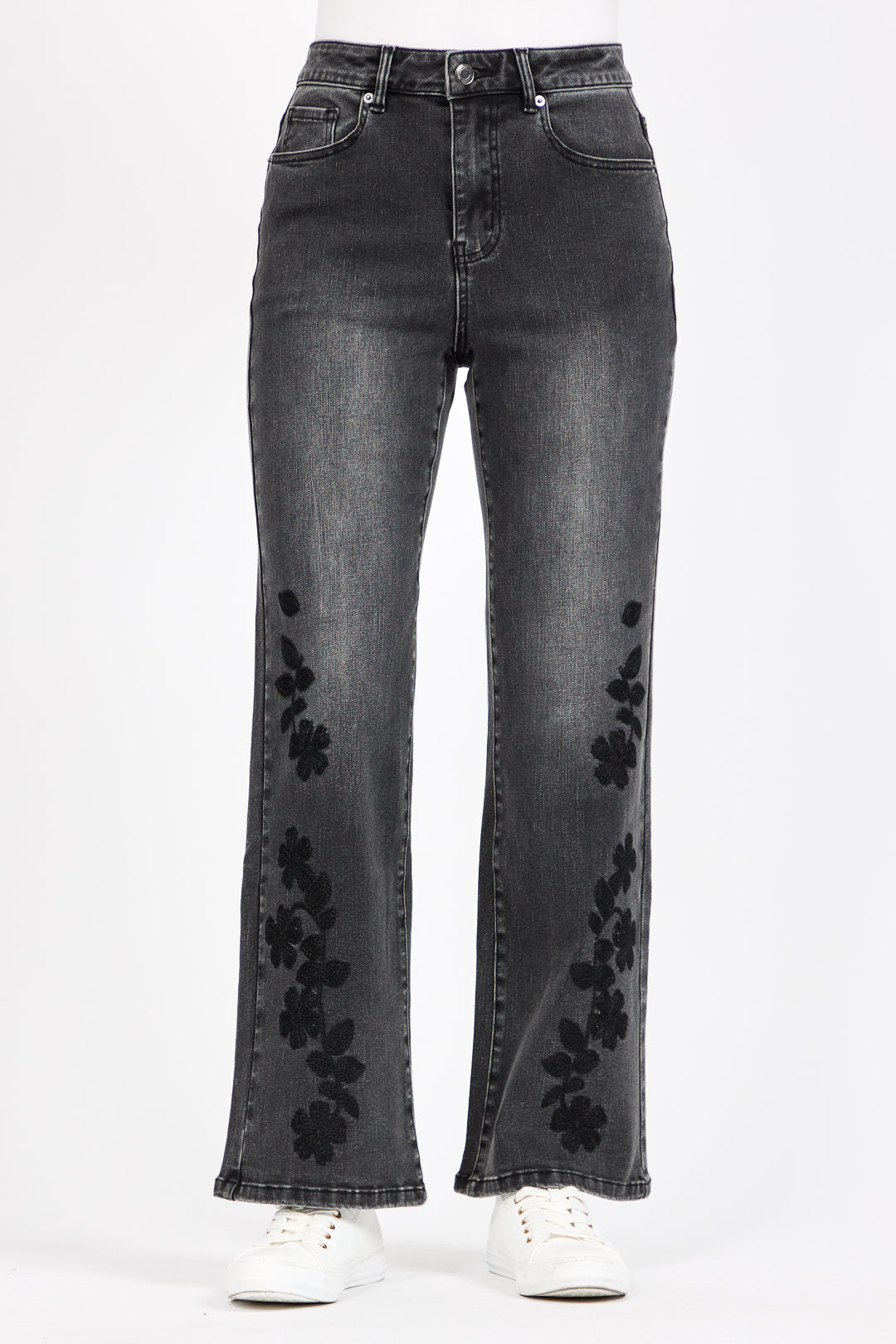 Embroidered Floral Wash Black Wide Leg Jeans