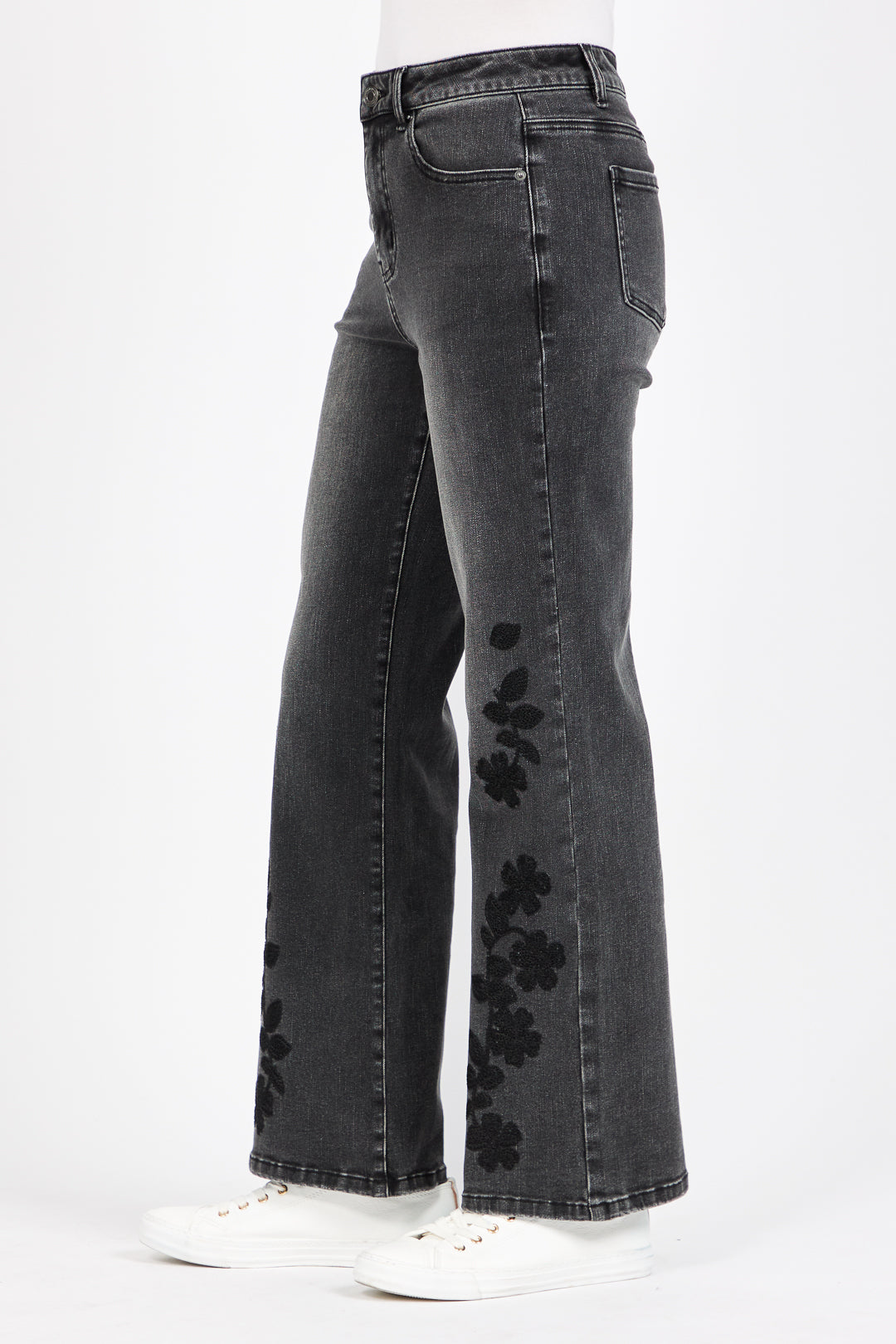 Embroidered Floral Wash Black Wide Leg Jeans