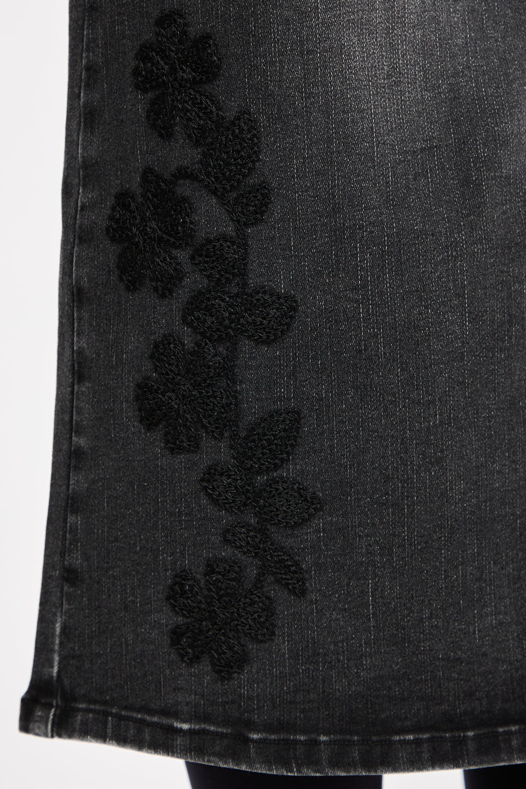 Embroidered Floral Washed Black Denim Midi Skirt