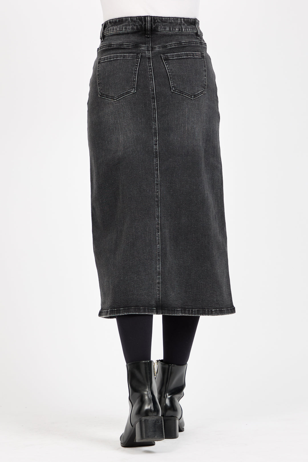 Embroidered Floral Washed Black Denim Midi Skirt