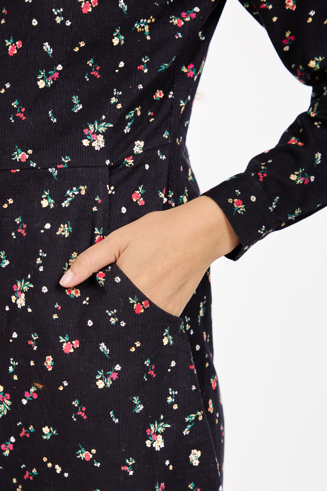 Floral Print Corduroy Collared Full Sleeve Dress