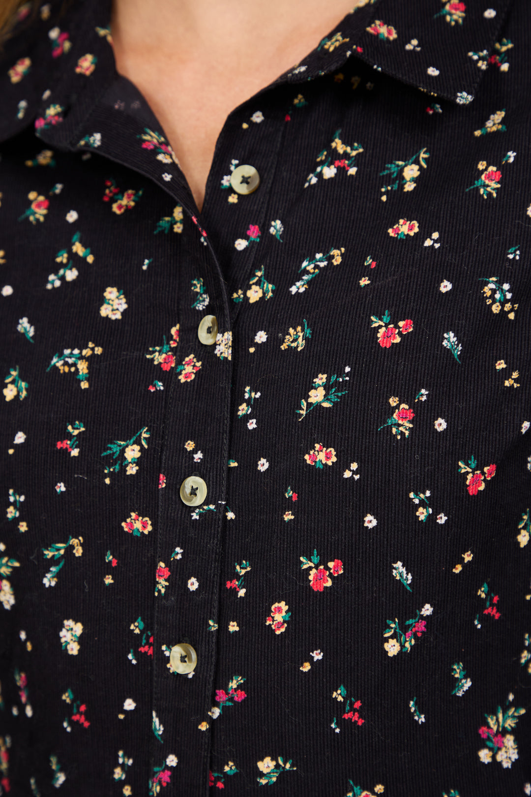 Floral Print Corduroy Collared Full Sleeve Dress
