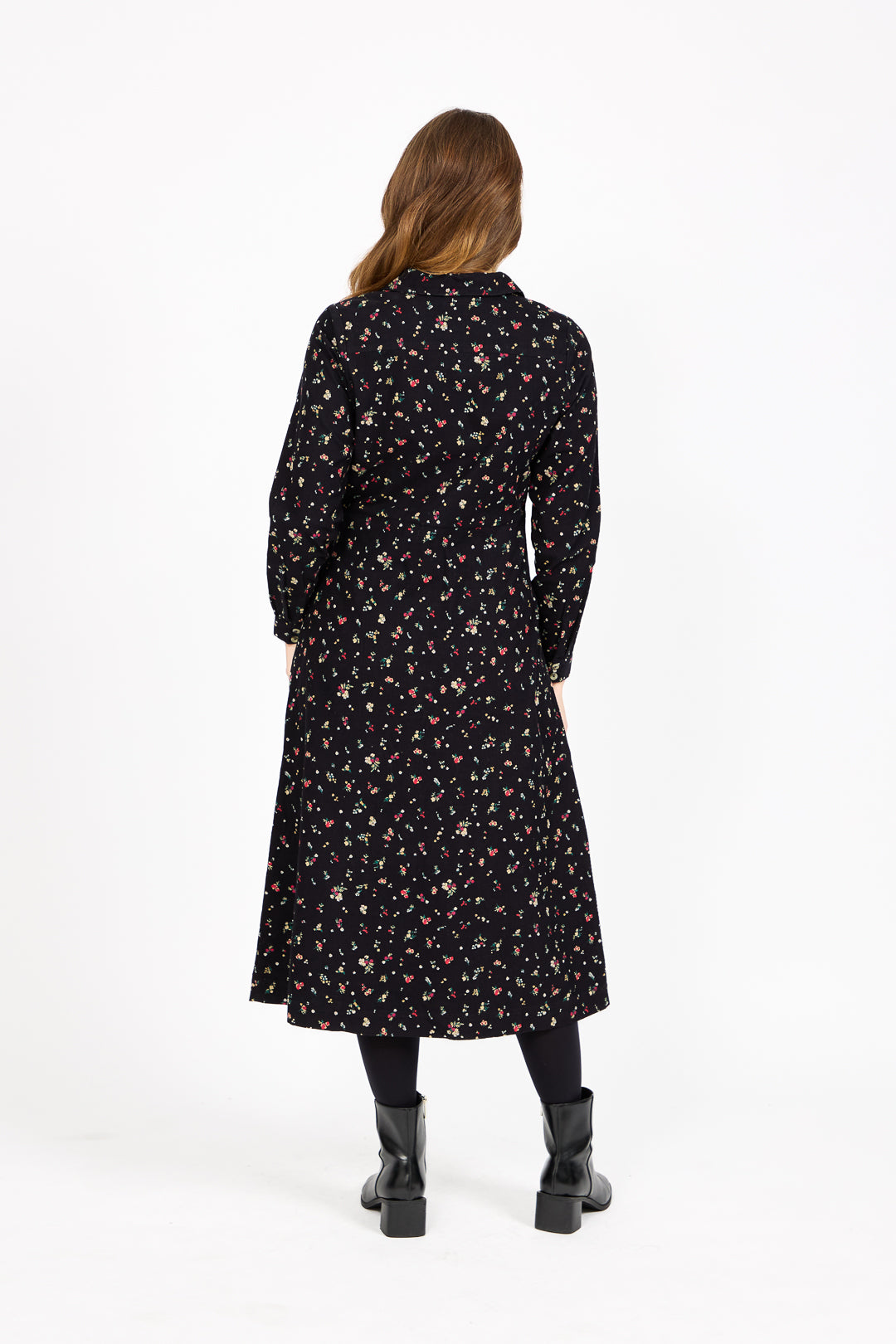 Floral Print Corduroy Collared Full Sleeve Dress