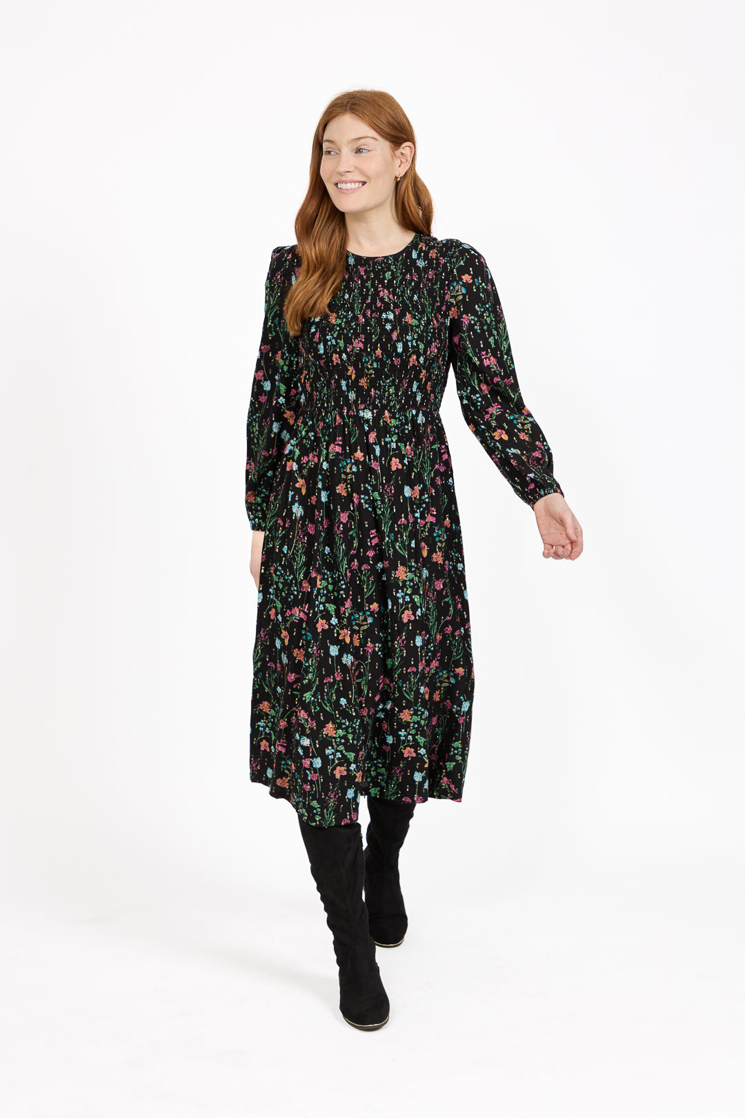 Floral Print Lurex Full Sleeve Midi Dress