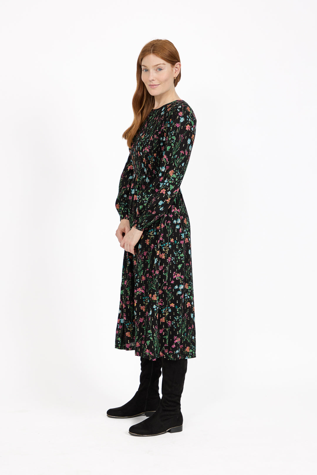 Floral Print Lurex Full Sleeve Midi Dress