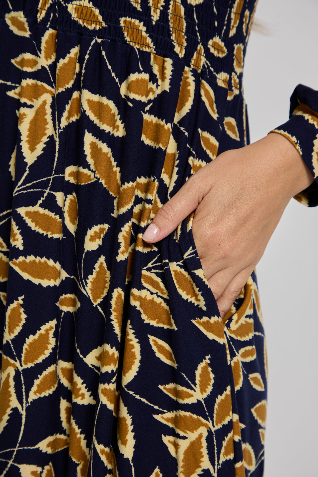 Leaf Print Soft Touch Shirred Bodice Button-Up Midi Dress