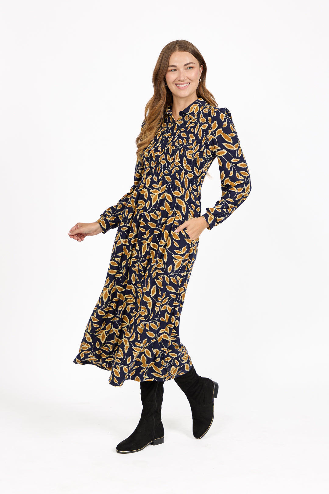 Leaf Print Soft Touch Shirred Bodice Button-Up Midi Dress