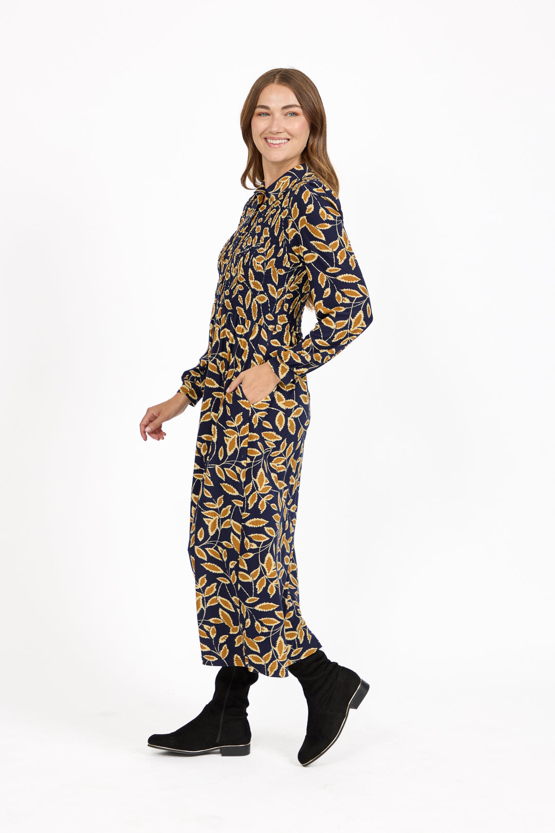 Leaf Print Soft Touch Shirred Bodice Button-Up Midi Dress