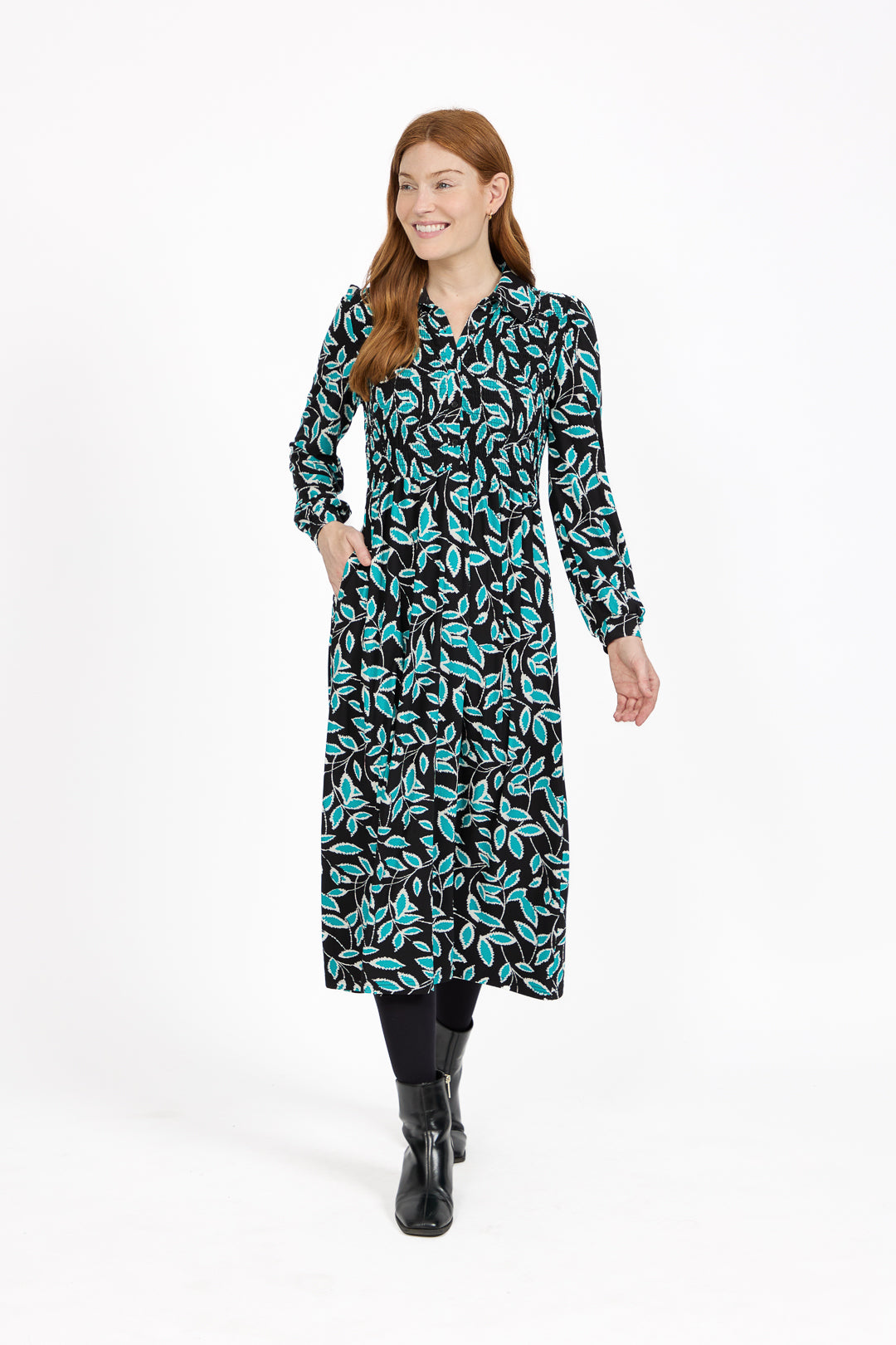 Leaf Print Soft Touch Shirred Bodice Button-Up Midi Dress