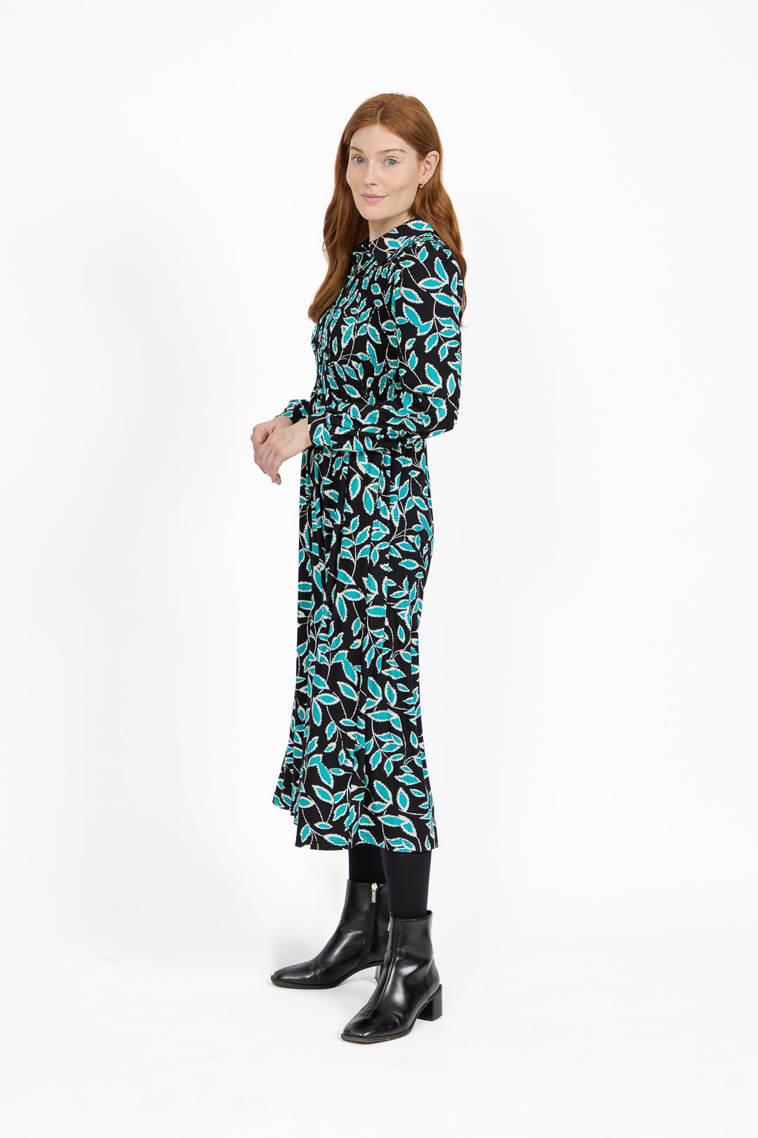 Leaf Print Soft Touch Shirred Bodice Button-Up Midi Dress