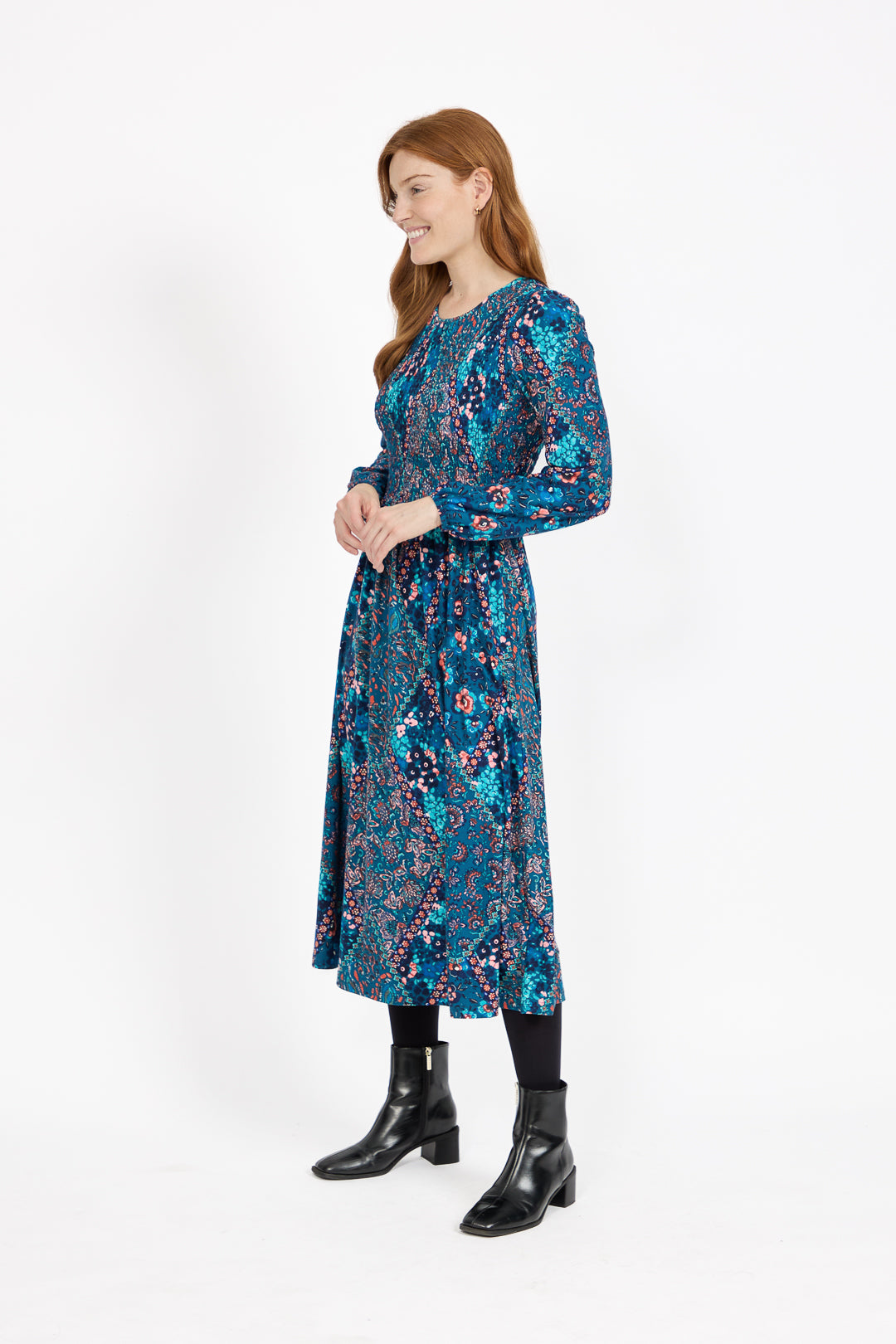 Floral Print Shirred Soft Touch Bodice Midi Dress