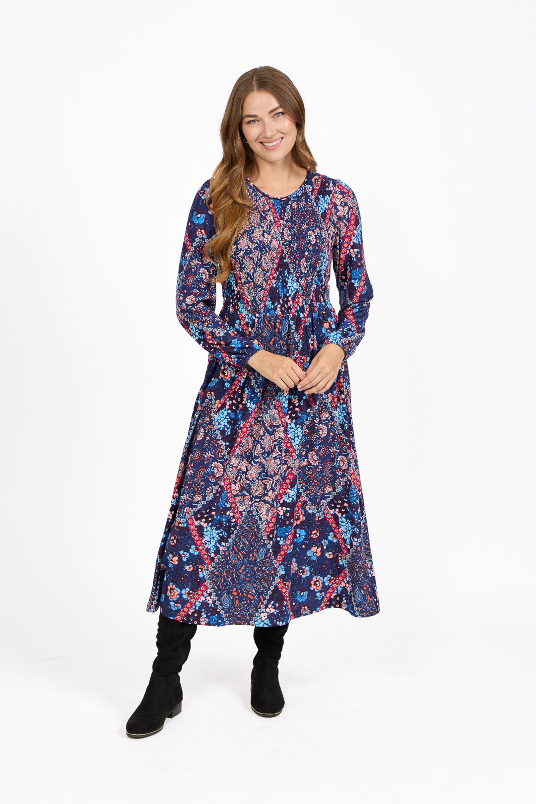 Floral Print Shirred Soft Touch Bodice Midi Dress