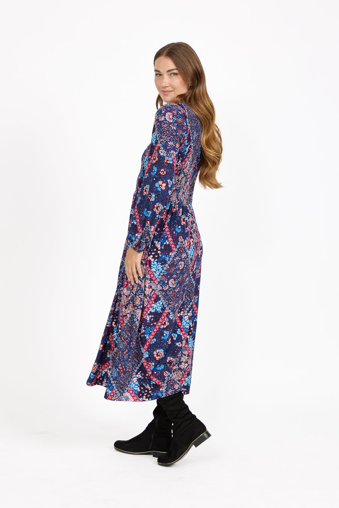 Floral Print Shirred Soft Touch Bodice Midi Dress