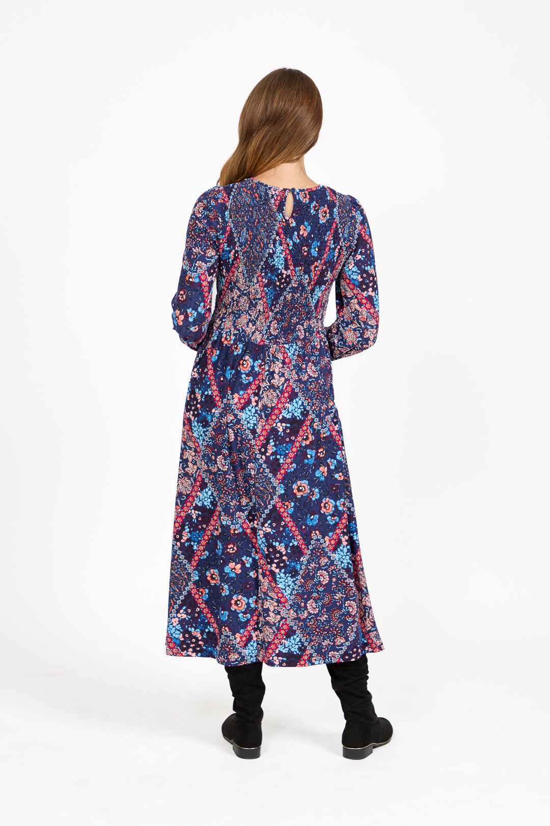 Floral Print Shirred Soft Touch Bodice Midi Dress